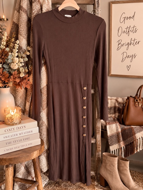 Hailey & June Dresses & Skirts - Classic Brown Long Sleeve Midi Dress with Side Button Trim